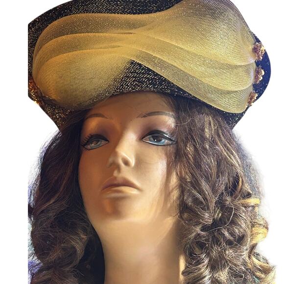 Vintage Cocktail/Derby hat black and gold with a yellow tulle accent main image 9